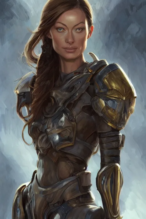 Image similar to a professional painting of a young Olivia Wilde, clothes in military armor, olive skin, long dark hair, beautiful bone structure, symmetrical facial features, intricate, elegant, digital painting, concept art, smooth, sharp focus, illustration, from StarCraft by Ruan Jia and Mandy Jurgens and Artgerm and William-Adolphe Bouguerea