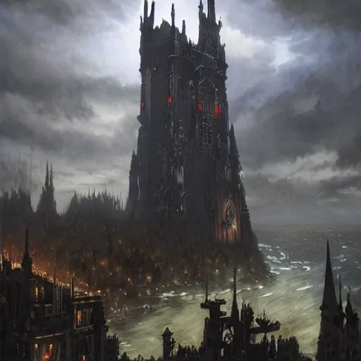 Image similar to an ultra detailed matte painting of a lonely and impossibly tall ominous gothic dark citadel tower of the evil patriarch, in the style of magic the gathering, in a river elevated high above the city, gaslight fantasy capital city, ultrawide lense, aerial photography, scary thunderstorm, exquisite detail, 8 k, art by greg rutkowski and alphonse mucha