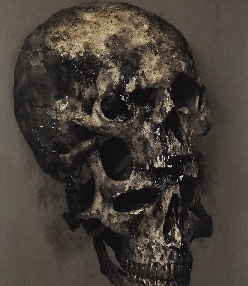 Image similar to the painting of a black iron skull by Nicola Samori, artstation, realistic, academic light,