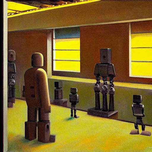 Image similar to drab slave human workers building robots, watched by fascist robots, brutalist factory, dystopian, pj crook, edward hopper, oil on canvas