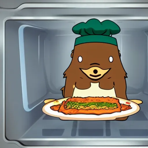 Image similar to anime style cute platypus on a kitchen wearing a chef hat and holding a lasagna into an oven, anime style, 3 d, chibi style