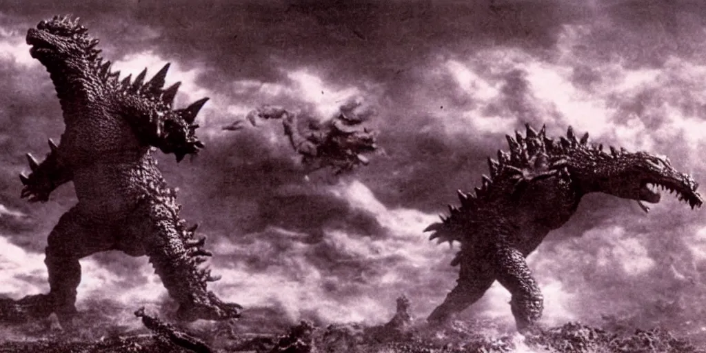 Image similar to a photo of godzilla tron fighting claymation rodan