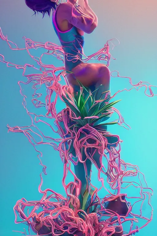 Prompt: epic 3 d abstract 🇵🇷 hacker, spinning hands and feet, 2 0 mm, plum and teal peanut butter melting smoothly into asymmetrical succulents and zz plants, liquid cooled, palms, thick looping wires, beautiful, intricate, houdini sidefx, trending on artstation, by jeremy mann, ilya kuvshinov, jamie hewlett and ayami kojima