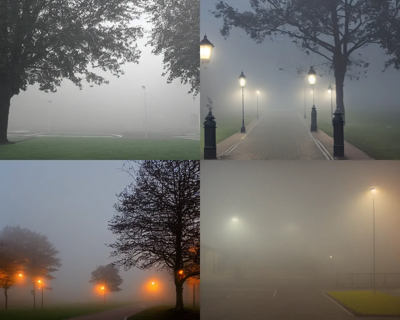 Prompt: A british school on a foggy morning, yellow street lights in the background