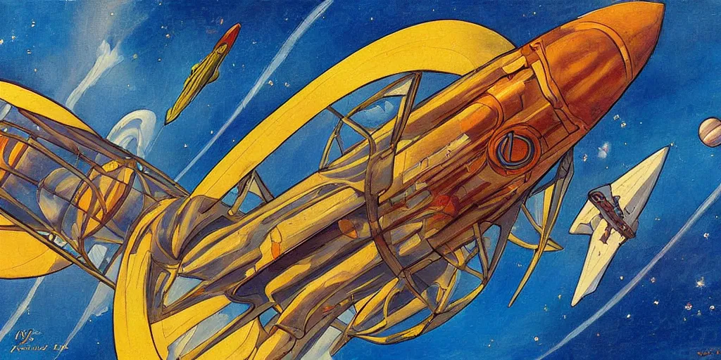 Prompt: Art Nouveau painting of a starship flying in space