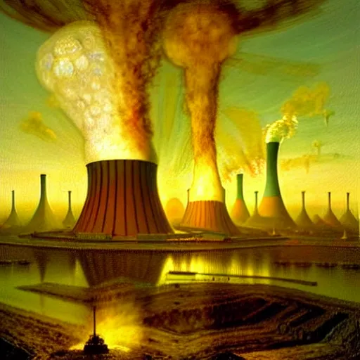 Prompt: A nuclear power plant in utopia by Simon Stålenhag and J.M.W. Turner, oil on canvas; Nuclear Fallout, Art Directio by Adam Adamowicz