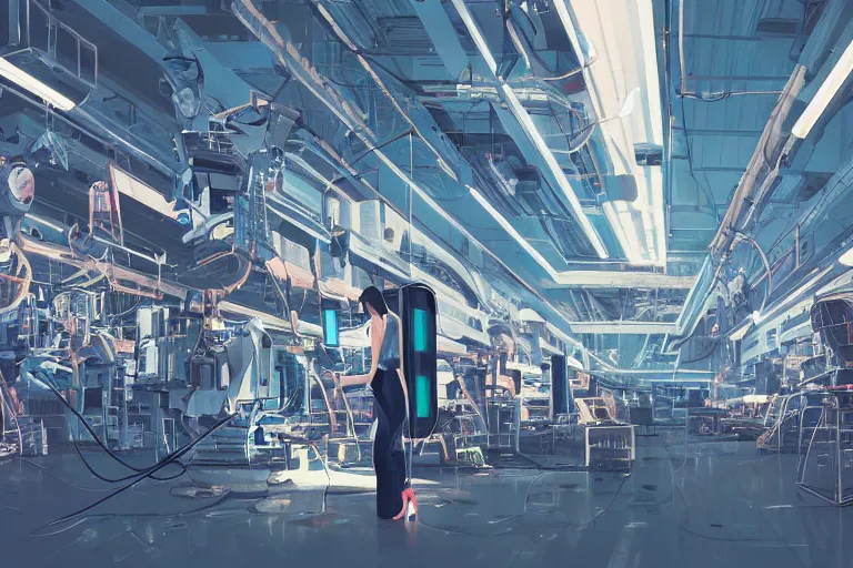 Prompt: photo of sexy girl working in a vast robot repair shop, a broken android is laying on the ground, computer screens, dark cables hanging from ceiling , sci-fi vending machine, pascal campion vibe, dynamic lighting, glowing lights, neons, science fiction