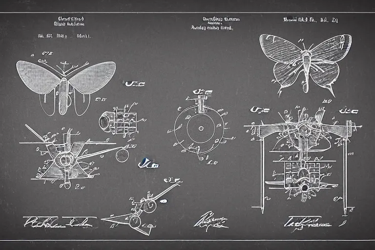 Prompt: a detailed patent diagram for a robotic butterfly, schematics, blueprints