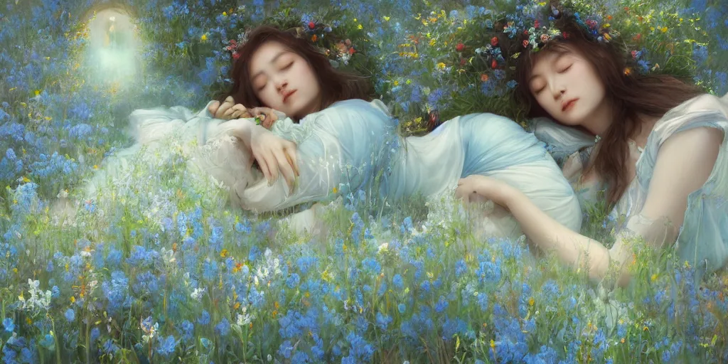 Image similar to breathtaking detailed concept art painting of sleeping in meadow goddesses of light blue flowers, orthodox saint, with anxious, piercing eyes, ornate background, amalgamation of leaves and flowers, by Hsiao-Ron Cheng, volegov, extremely moody lighting, 8K