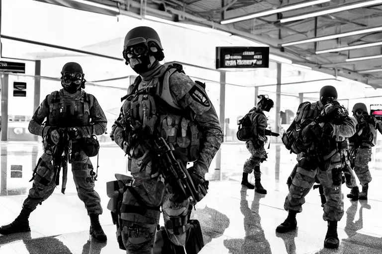 Image similar to Mercenary Special Forces soldiers in grey uniforms with black armored vest and black helmets fighting inside an airport in 2022, Canon EOS R3, f/1.4, ISO 200, 1/160s, 8K, RAW, unedited, symmetrical balance, in-frame, combat photography