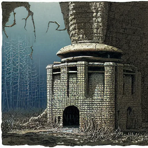 Image similar to pillbox paragonpunk fortress half-sunk in a radioactive Swamp, by Colleen Doran and by Angus McBride and by Ted Nasmith, low angle dimetric rendering, centered, 1-point perspective