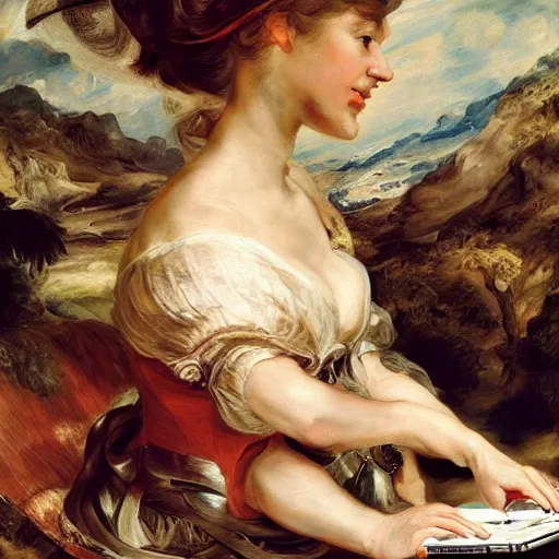 Image similar to heavenly summer sharp land sphere scallop well dressed lady working on her laptop auslese, by peter paul rubens and eugene delacroix and karol bak, hyperrealism, digital illustration, fauvist