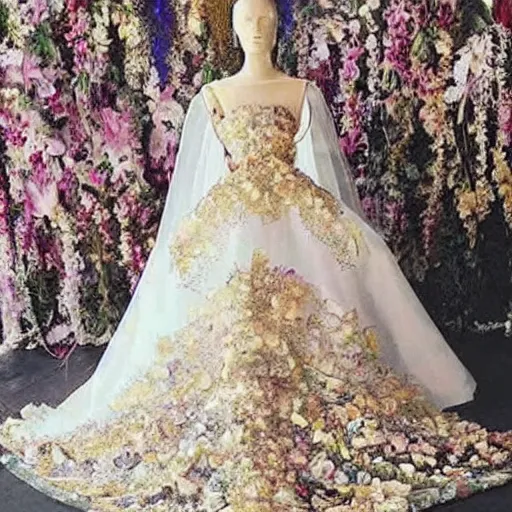 Image similar to a long wedding dress with a train made of flower petals made of light - colored fabric. transparent in places. in places, patterns of precious stones. intricate patterns of gold thin threads. fantasy. clear details