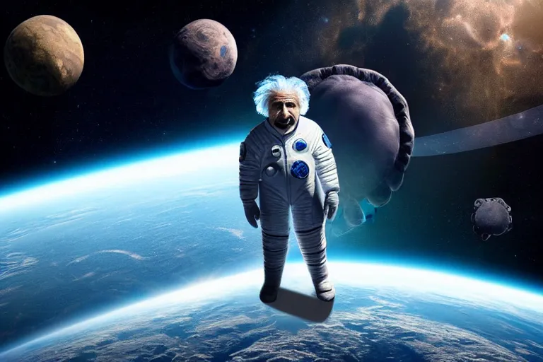 Image similar to still fullbody photo of sad albert einstein in spacesuit in space, flat earth on elephants and turtle at background, highly detailed, photorealistic shot, bright studio setting, studio lighting, crisp quality and light reflections, unreal engine 5 quality render