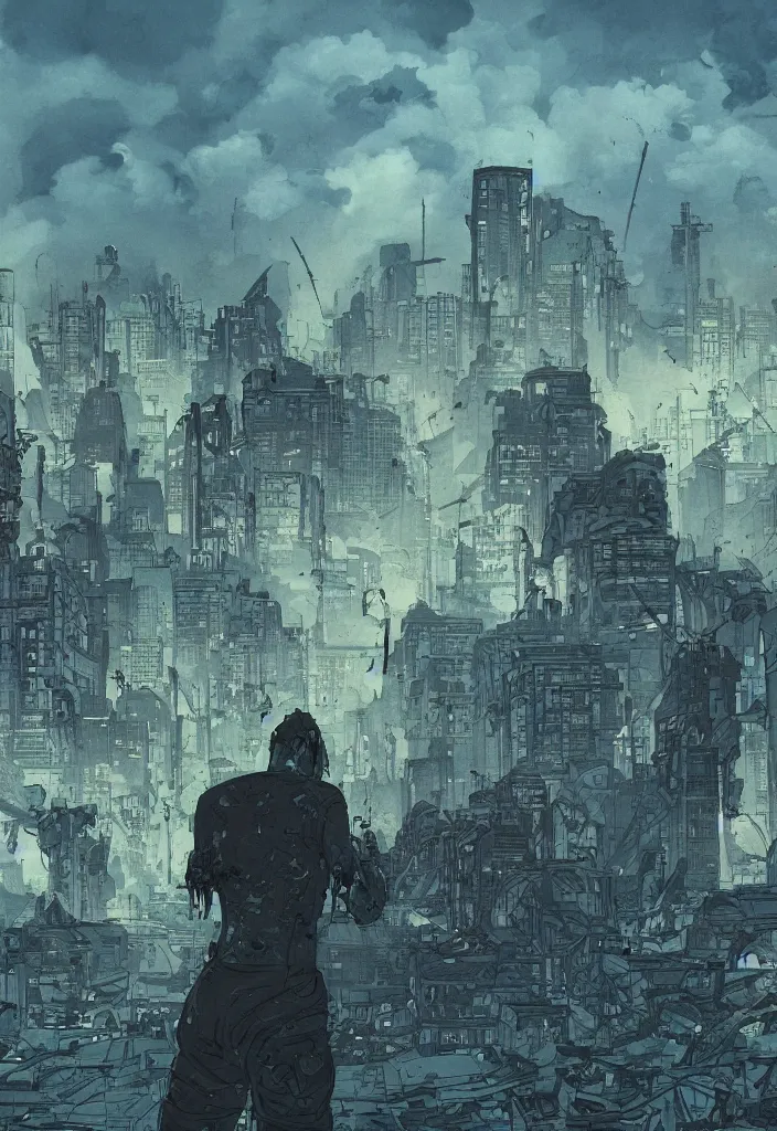 Image similar to crying humans, scared humans, panic, scene with a few (((zombies))) walking, destroyed city at the background, some smoke and fire, blue sky with dramatic clouds, line art, ink, watercolor by Kilian Eng and by Jake Parker, heavy brushstrokes, winning-award masterpiece, fantastic, octane render, 8K HD Resolution, High quality image