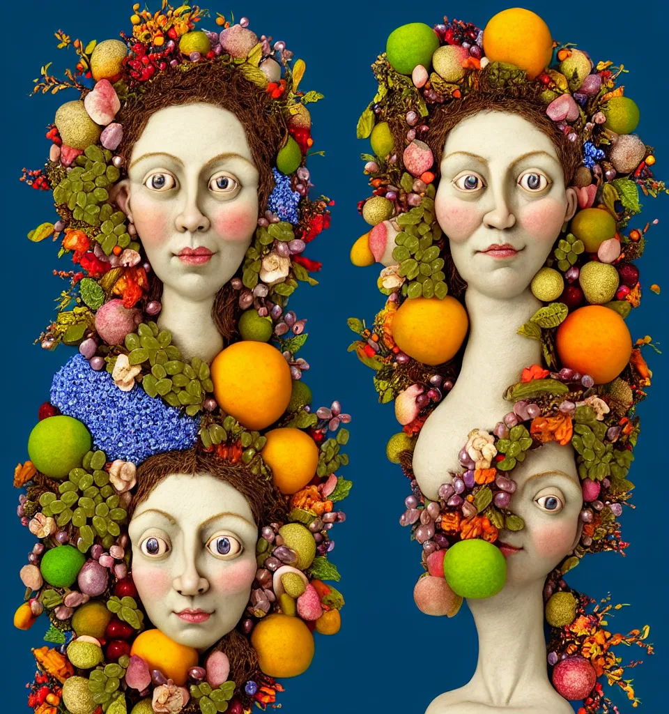 Image similar to portrait headshot of a fairy nature spirit, head made of fruit gems and flowers in the style of arcimboldo, john currin, fragonard, photorealistic, dynamic lighting, action figure, clay sculpture, claymation, dull blue cloudy background,