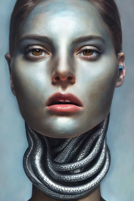 Image similar to hyperrealism oil painting, close - up portrait of face from a tangle of snakes fashion model, knight, steel gradient mixed with nebula sky, in style of baroque