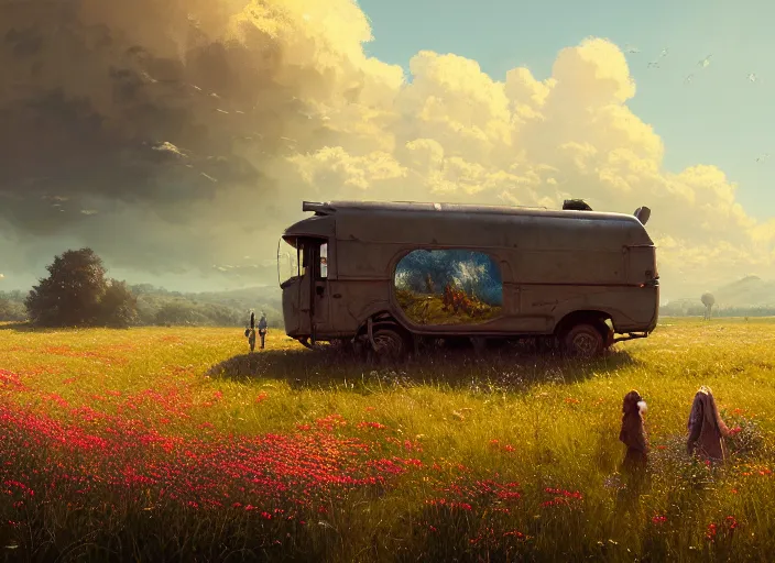 Prompt: detailed intricate digital illustration by greg rutkowski and and wlop and sanford robinson gifford ; conversion van, beautiful meadow with colorful flowers and puffy clouds in background ; 1 3 mm film, arri alfa anamorphic lens ; sharp focus, golden hour lighting, trending on artstation 4 k ; close view