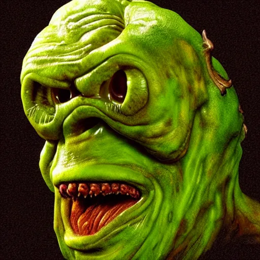 Image similar to photo taken of an epic intricate, ultra detailed, super realistic gritty, terrifying, lifelike sculpture of practical slimer ghost from created for ghostbuster but created by weta workshop, zoomed in shots, photorealistic, sharp focus, cold colour temperture, f 0. 4, face centred