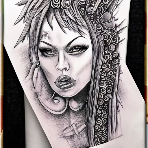 Prompt: pencil drawing of punk girl, surrealism, tattoo, hyper detail, line art