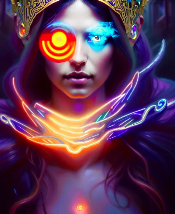 Image similar to a whirlwind of souls rushing inside the metaverse, half body, glowin eyes, tiara with sapphire, pharaoh, android, cyberpunk, d & d, fantasy, intricate, elegant, highly detailed, colorful, vivid color, digital painting, artstation, concept art, art by artgerm and greg rutkowski and alphonse mucha and ruan jia