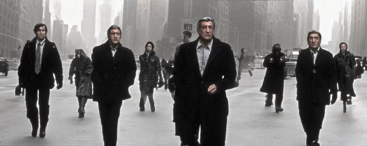 Prompt: a film still of an enormous robotic Robert de Niro strolling down fifth Avenue high quality .