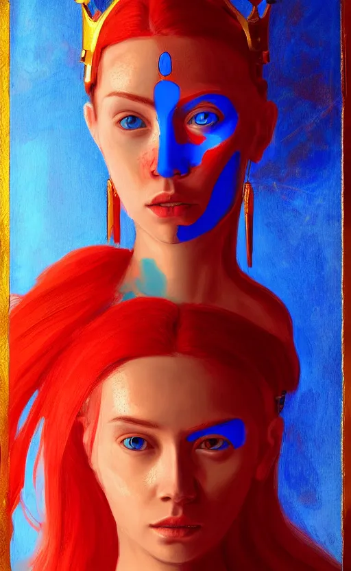 Image similar to a portrait of a young oracle with red face and blue body staring at us, symbolic painting, golden crown of light, art by aleksander brodzinski, trending on artstation