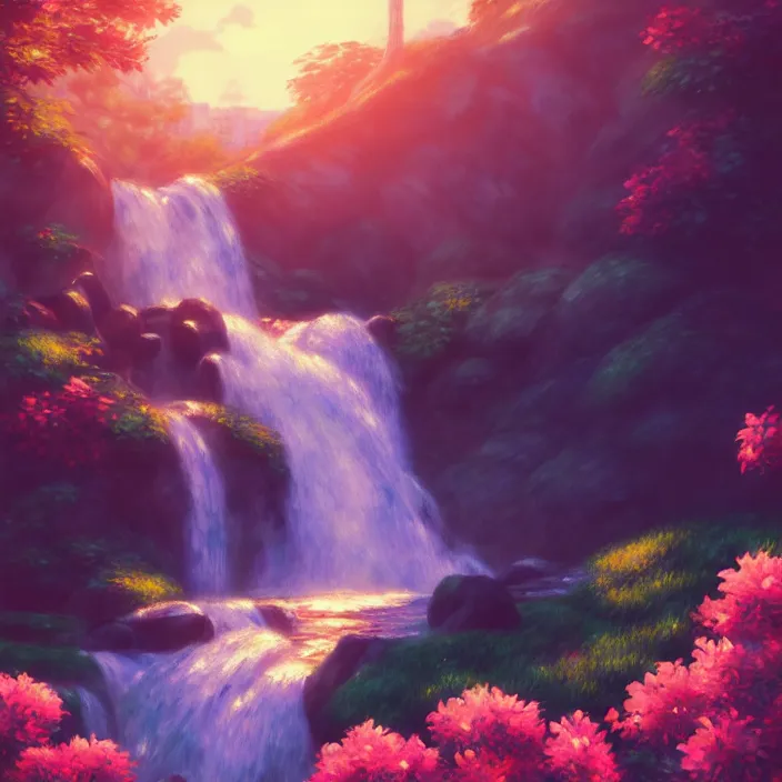 Image similar to an epic makoto shinkai and renoir landscape of a v - shaped waterfall, 🌺, golden hour, ultra smooth, lois van baarle, ilya kuvshinov, unreal engine, blender, trending on artstation, suntur, caleb worcester, highly detailed, photorealism, bloom effect 8 k