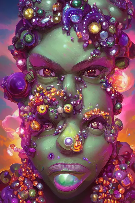 Prompt: maximalist detailed gemstone golem portrait by adoryanti, holosomnia, electrixbunny, rendered in discodiffusion. ornated and decorated with pearls and gems, behance hd by jesper ejsing, by rhads, makoto shinkai and lois van baarle, ilya kuvshinov, ray tracing hdr radiating a glowing aura