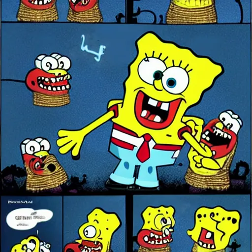 Image similar to spongebob squarepants, evil, sharp teeth, bad teeth, angry, horror, dramatic, in the style of phil jimenez