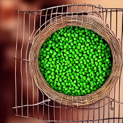 Image similar to nicolas cage trapped in a wicker cage being covered in peas