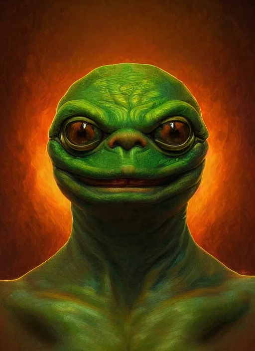 Prompt: 4 chan pepe, ancient god kek, sad, portrait, intricate, elegant, highly detailed, digital painting, artstation, concept art, wallpaper, smooth, sharp focus, illustration, art by h. r. giger and artgerm and greg rutkowski and alphonse mucha