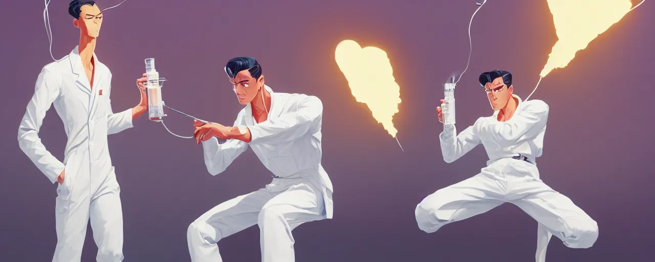 Prompt: stoic heroic emotionless butch young man scientist with short slicked - back hair, making an experiment - wearing white suit, wearing jetpack, digital art, rough paper, behance hd by jesper ejsing, by rhads, makoto shinkai and lois van baarle, ilya kuvshinov, rossdraws global illumination.