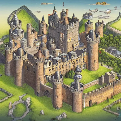 Image similar to an isometric view of medieval castle in the middle of england, illustration, art, hyper detailed