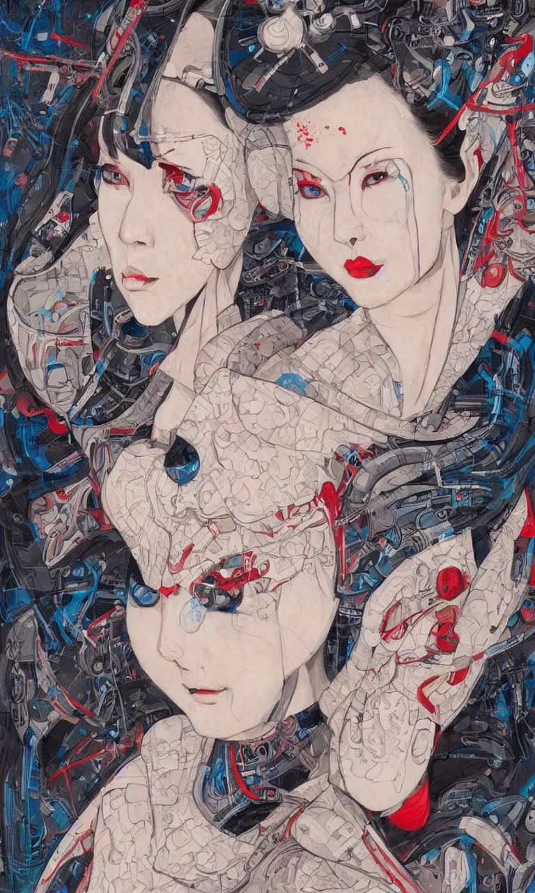 Prompt: a beautiful portrait of a cybernetic geisha by James Jean trending on Artstation