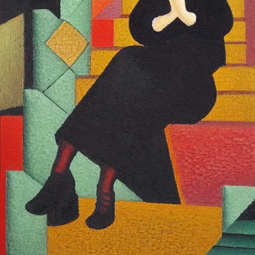 Image similar to an asian woman sitting on stairs, dark background, oil painting in style of Jean Metzinger