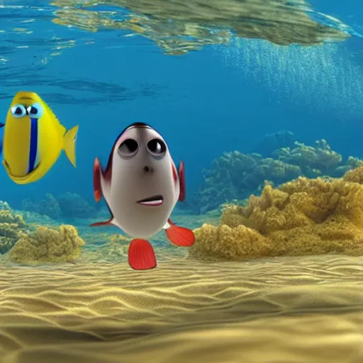 Image similar to a 3d render of two fish underwater watching a boat , in the style of a pixar cartoon, disney cartoon