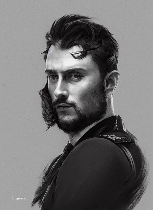 Prompt: portrait of Ernest Khalimov, thinking pose, sigma male, gigachad, medium black hair, Nordic crown, black luxurious suit, fantasy, elegant, realistic, highly detailed, digital painting, artstation, concept art, smooth, sharp focus, illustration, art by artgerm and greg rutkowski and alphonse mucha, black and white, devoid of color