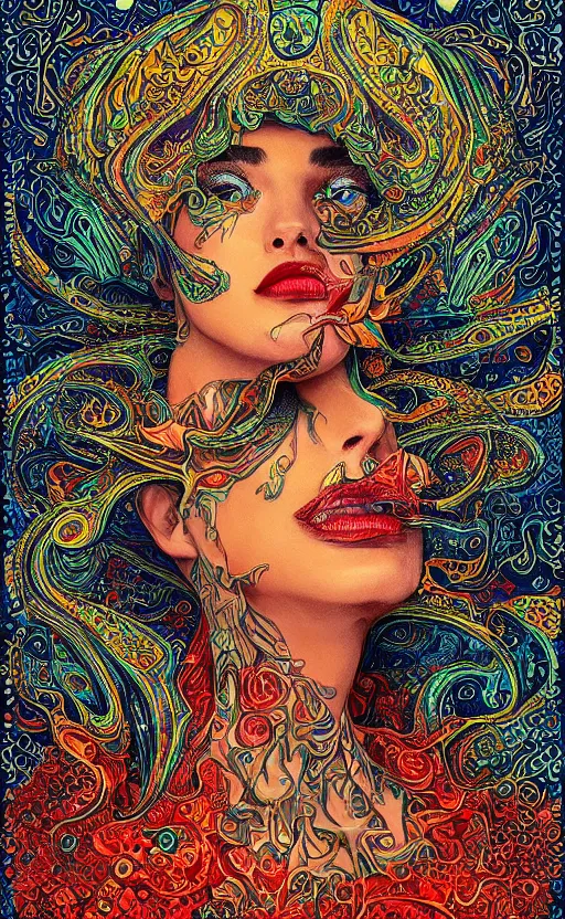 Prompt: detailed intricate amazing poster for a weird, euphonious and lamprophony beautiful woman on onlyfans in a turbulent ocean, by keith beltramini and tim white. pointillism. hypermaximalist. beautiful arabic patterns. unreal engine. trending on artstation.