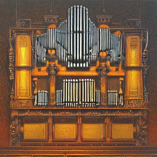 Prompt: tech noir pipe organ lp album art, intricate detail, mechanical, baroque oil painting by alan lee and jim burns, wild west architecture