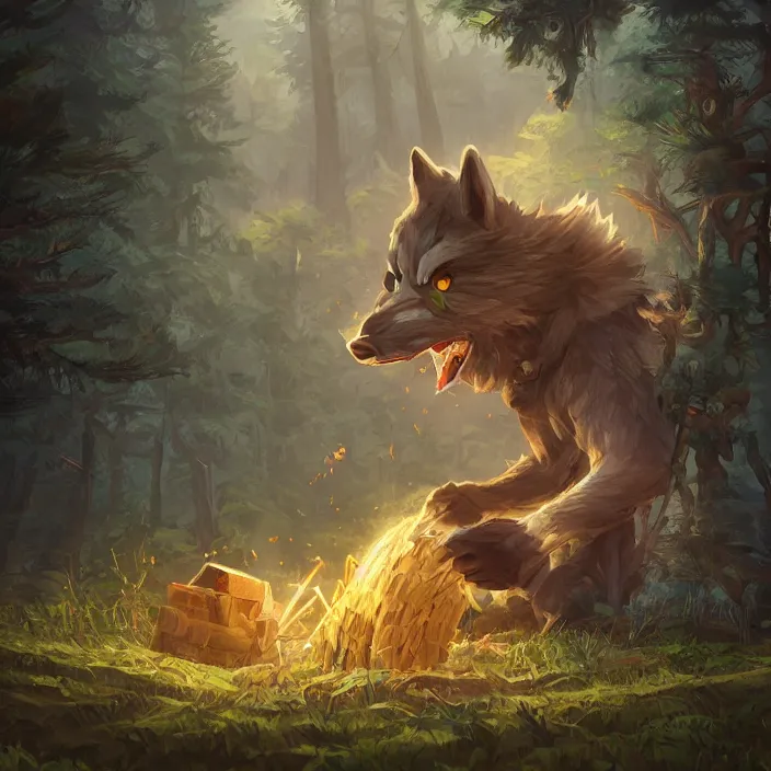 Prompt: a cartoonish cute anthropomorphic wolf blows away a barrack made of thatch and straw and cheap material in a mystical forest full of wonders, pine trees, magical atmosphere, trending on artstation, 30mm, by Noah Bradley trending on ArtStation, deviantart, high detail, stylized portrait