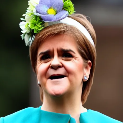 Image similar to nicola sturgeon, happy, with a flower crown