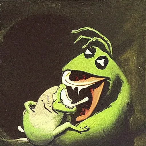 Image similar to Kermit the Frog in “Saturn Devouring His Son” by Francisco Goya, fresco, horror