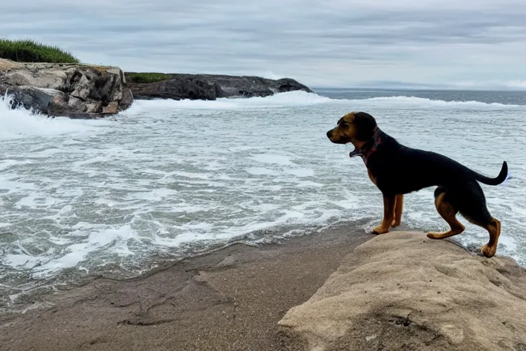 Image similar to a puppy is looking directly at the extreme water current below while it stands at an edge of a cliff