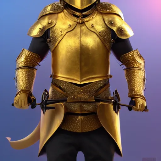 Image similar to a highly detailed knight in a T golden helmet and a golden crown with a blue diamond in the center, golden armor, leather clothes under the armor, leather gloves, holds a black sword, artstation, DeviantArt, professional, octane render, sunset lighting