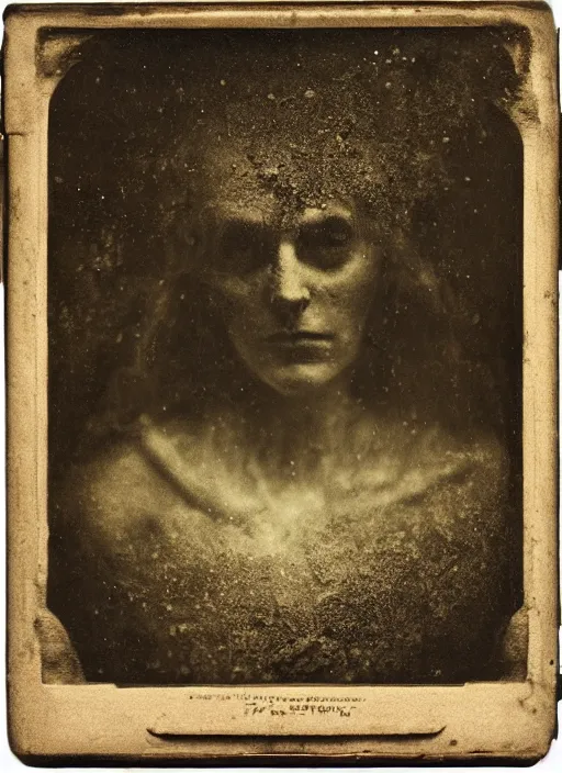 Image similar to old wetplate daguerreotype portrait of the necromancer, explosion of data fragments, fractal, intricate, elegant, highly detailed, parallax, leica, medium format, subsurface scattering, by jheronimus bosch and greg rutkowski and louis jacques mande daguerre