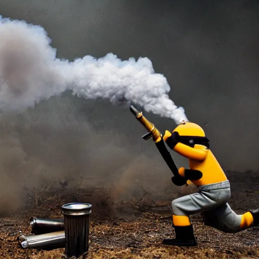 Image similar to minions firing a 8 5 mm mortar, debris and dirt flying, smoke, war photography