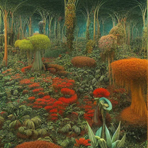 Prompt: a jungle full of strangely colored plants and fruits, high detail, painted by beksinski and hayao miyazaki