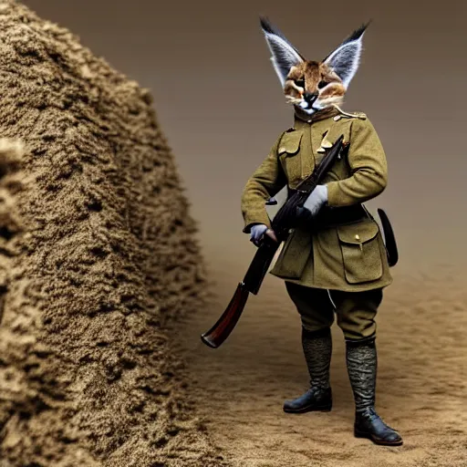 Image similar to cute fluffy caracal in trenches of ww 1, wearing ww 1 hermet, with rifle, old photo, hyperrealistic detailed 8 k