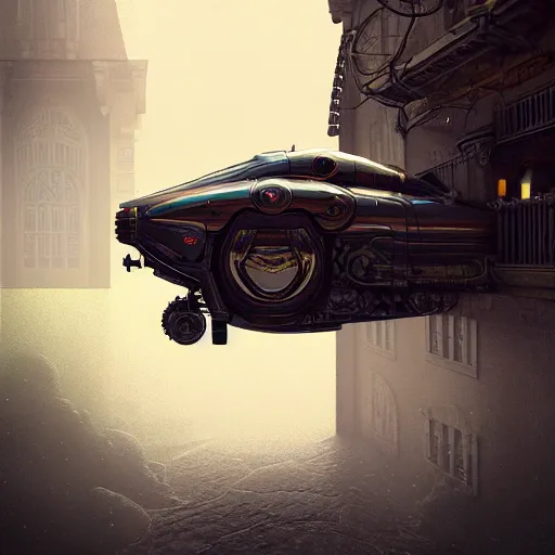 Image similar to cyborg vintage flying supercar slick warm tones : by michal karcz, daniel merriam, victo ngai and guillermo del toro : ornate, dynamic, particulate, intricate, elegant, highly detailed, centered, artstation, smooth, sharp focus, octane render